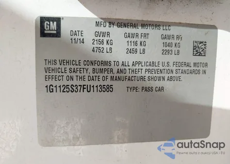 2015 Chevrolet Impala 2Lt z USA, uszkodzony, nr VIN 1G1125S37FU113585